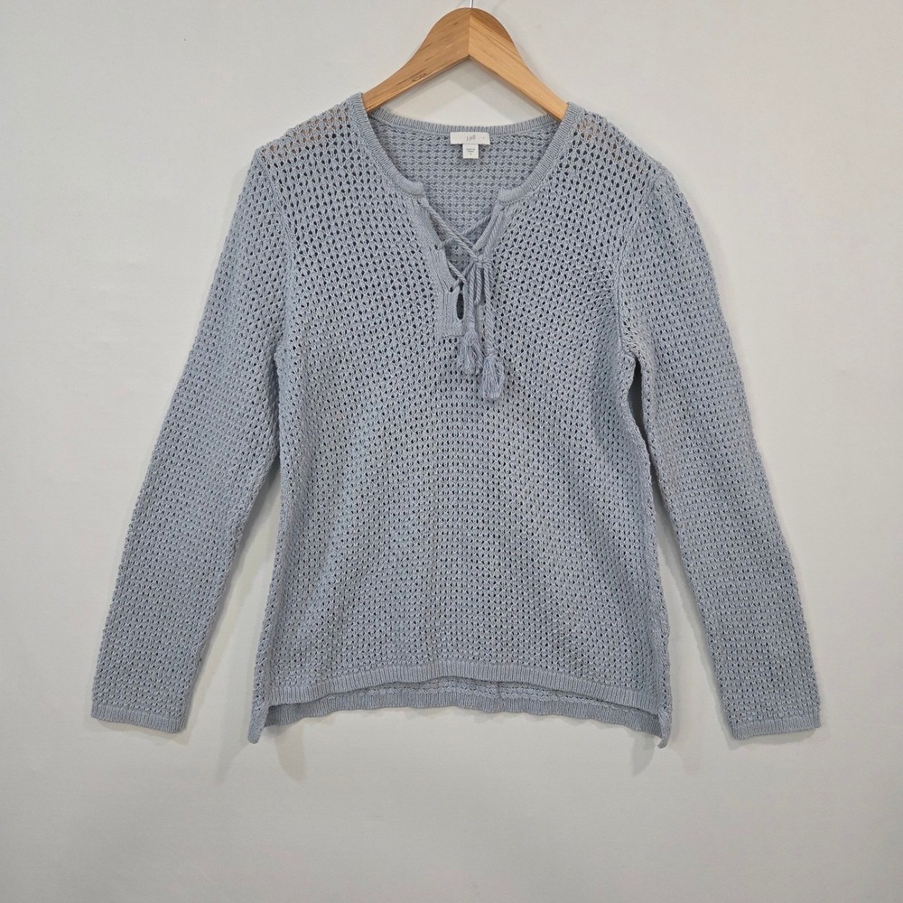 J Jill Womens S‎ Blue Cotton Open Knit Mesh V-Neck Sweater Tassel Boho